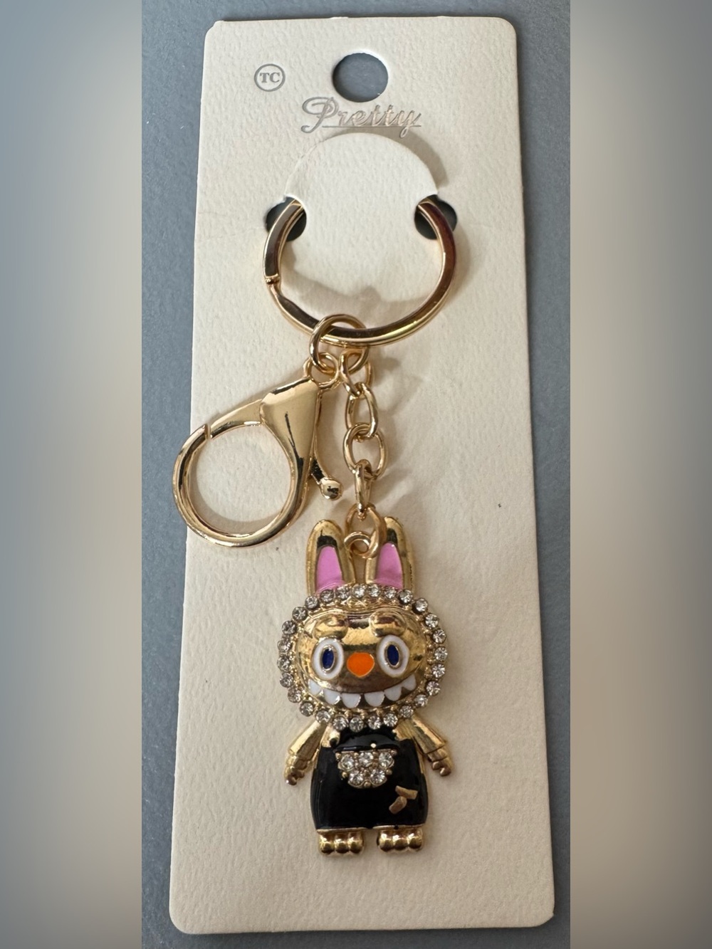 Labubu Crystal Gold Bunny Charm Key & Card Holder - Black and Pink
